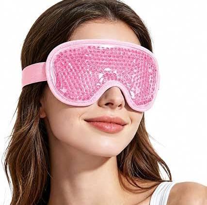 antifaz de gel terapéutico para ojos en color rosado, rellena de perlas de gel