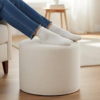 Puff Otomano Redondo ZICOTO – Pouf de Espuma Beige 49x49x37 cm | Funda 100% Poliéster | Decoración Sala y Hogar