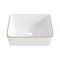 lavamanos de sobremesa pequeño (small vessel sink) de cerámica blanca con borde dorado ( NO TIENE ACCESORIOS )