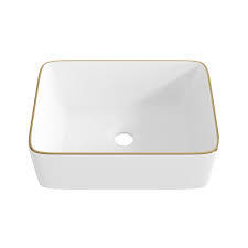 lavamanos de sobremesa pequeño (small vessel sink) de cerámica blanca con borde dorado ( NO TIENE ACCESORIOS )