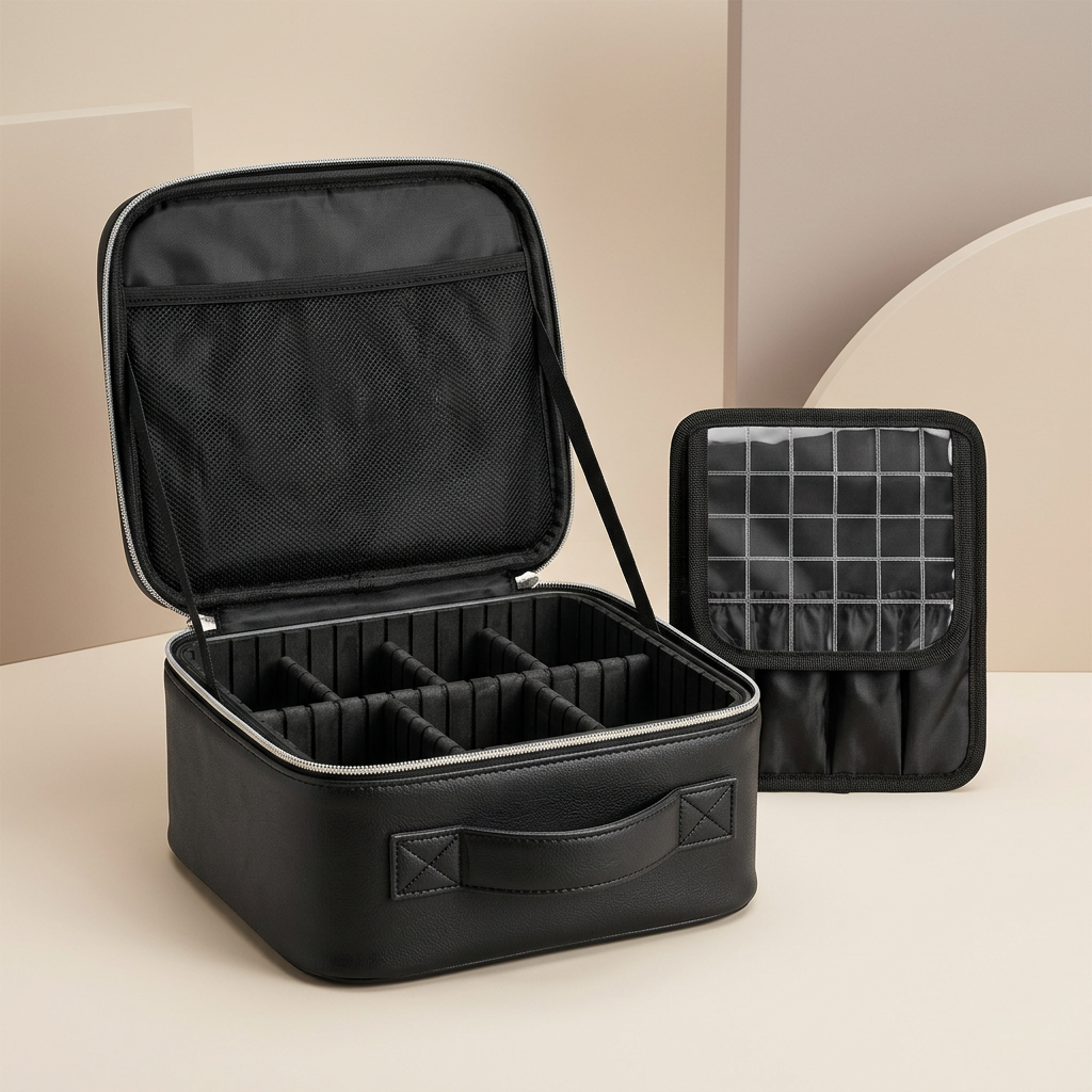 Estuche organizador negro con compartimentos y asa de transporte