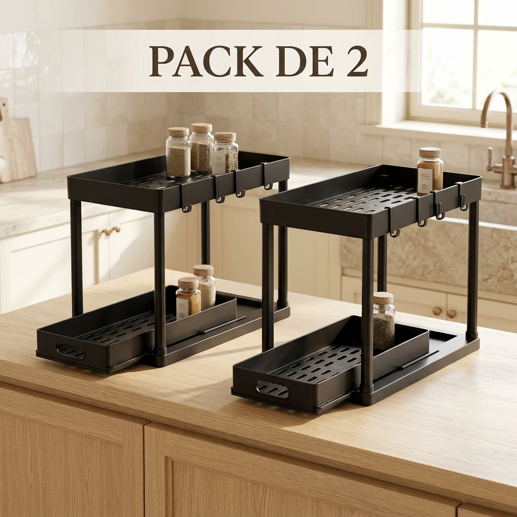 Pack de 2 estantes organizadores deslizantes Cabilock de dos niveles con ganchos, color negro