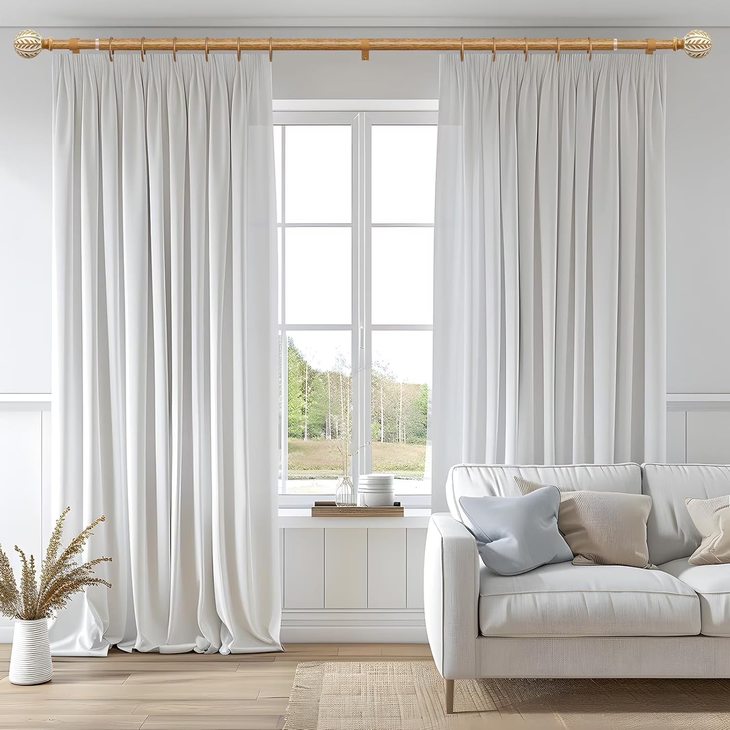 Barra Doble para Cortinas Estilo Boho 36-72" – Madera Rústica Ajustable con Remates Hoja Artesanales