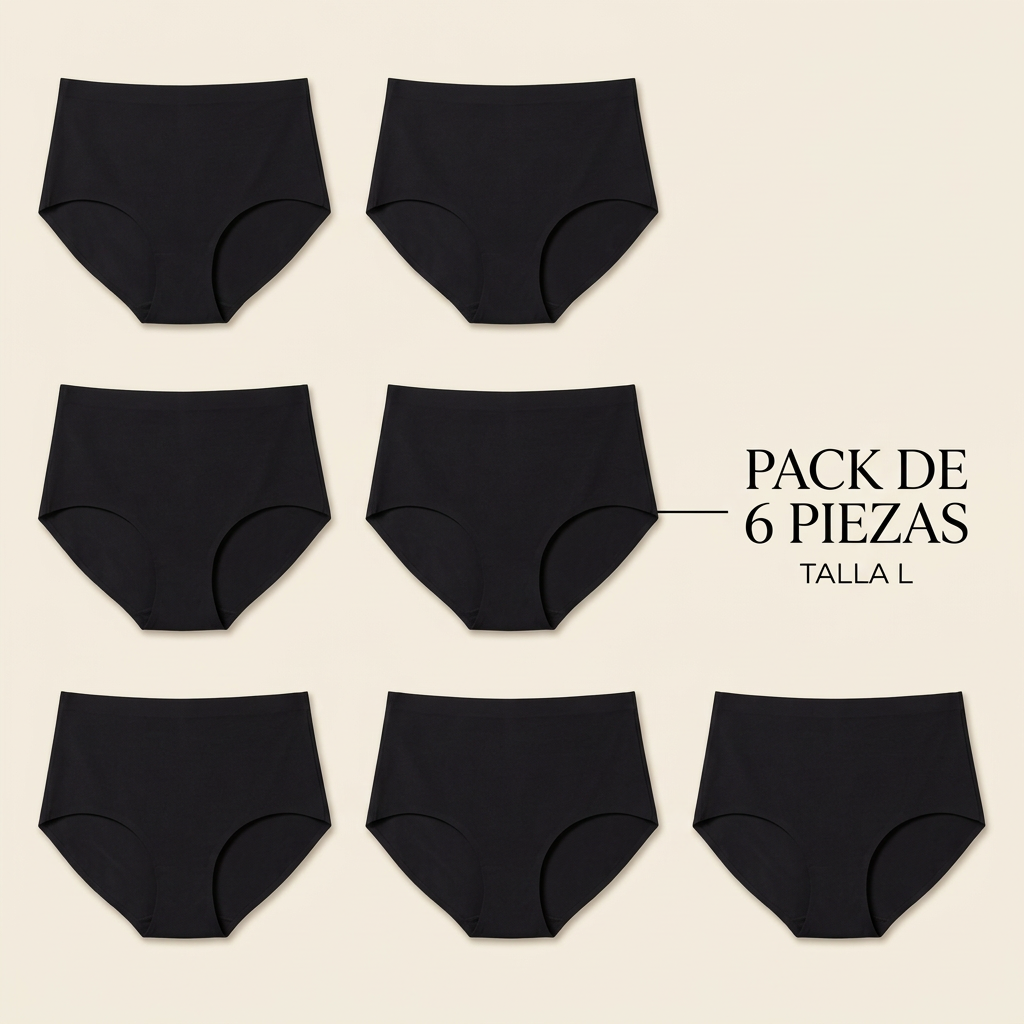 Paquete de 6 panties negros de cintura alta, talla L