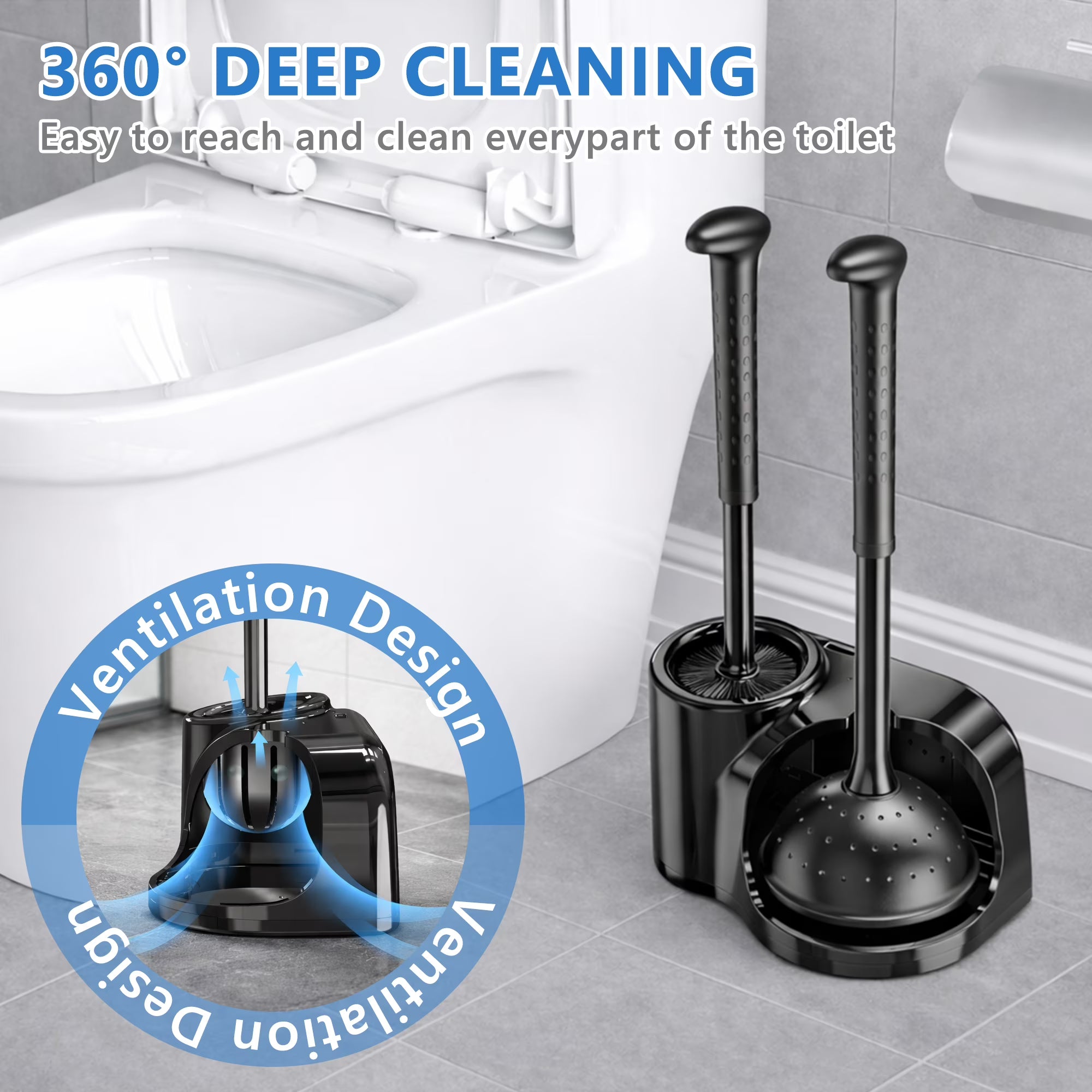 SUGARDAY Cepillo para Taza Del Inodoro y Organizador con Juego Plunger para Limpiador de Cepillo de Inodoro de Baño y Soporte, Fregador de Inodoro Negro
