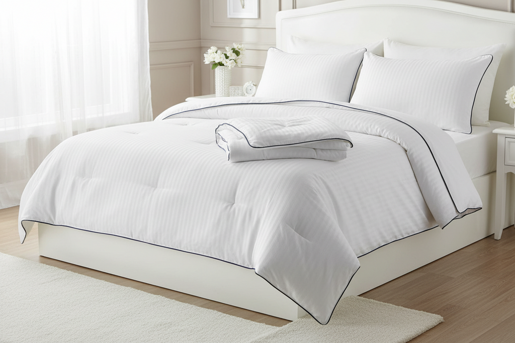 Edredón Blanco con Rayas – Estilo Hotel, Suave y Confortable
