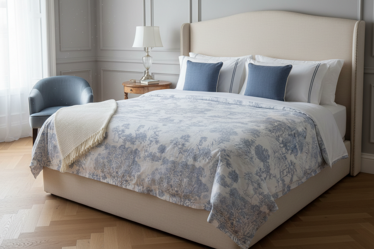 Edredón con Patrón Toile de Jouy Azul y Blanco | Diseño Paisajístico Clásico | Suave y Elegante | Dormitorio Romántico | 1 Unidad