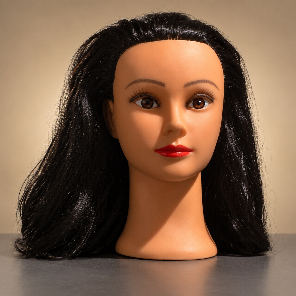 Cabeza de maniquí femenina con cabello negro largo y rostro definido