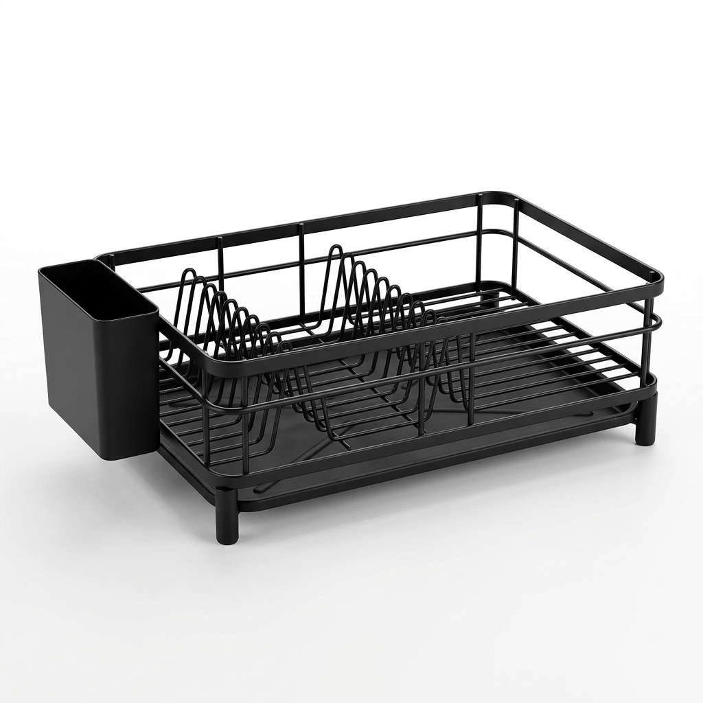 Escurridor de Platos Negro con Bandeja de Drenaje y Portacubiertos para Organizar tu Cocina