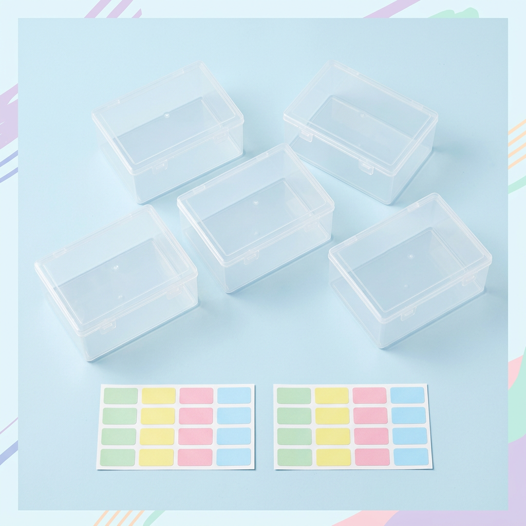 Pack de 5 cajas organizadoras transparentes con stickers