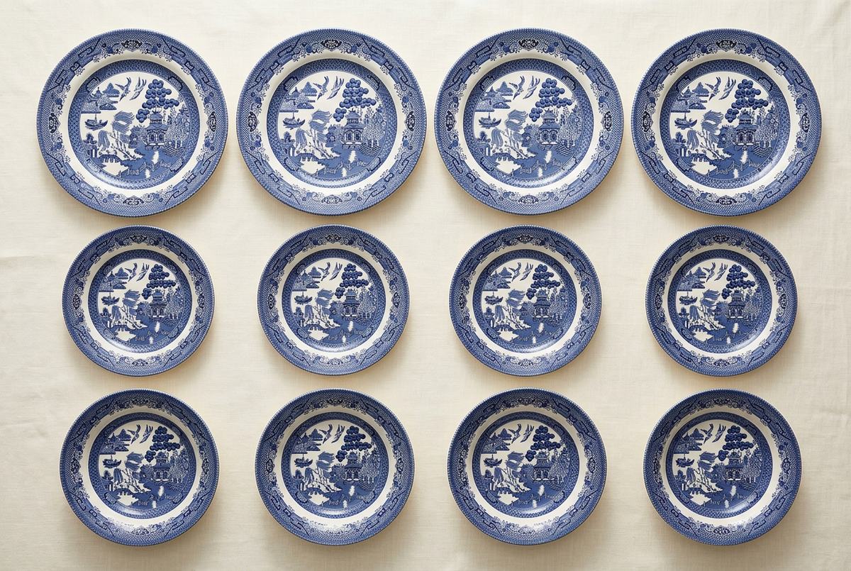 Set de vajilla de 12 platos con diseño azul y blanco