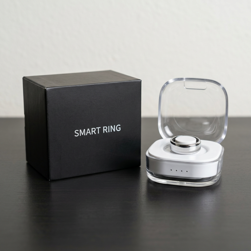 Anillo inteligente Smart Ring usado, color plateado, con estuche de carga y caja para un estilo discreto