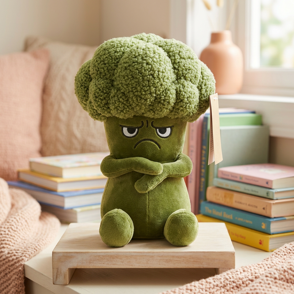Peluche de brócoli verde con expresión seria y brazos cruzados