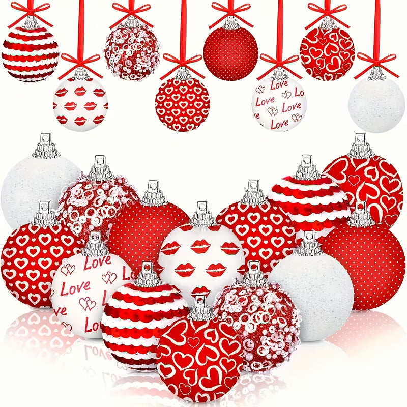 Adornos de Bolas para Árbol San Valentín — 16 Piezas con Purpurina y Lentejuelas en Forma de Corazón, Decoración Festiva