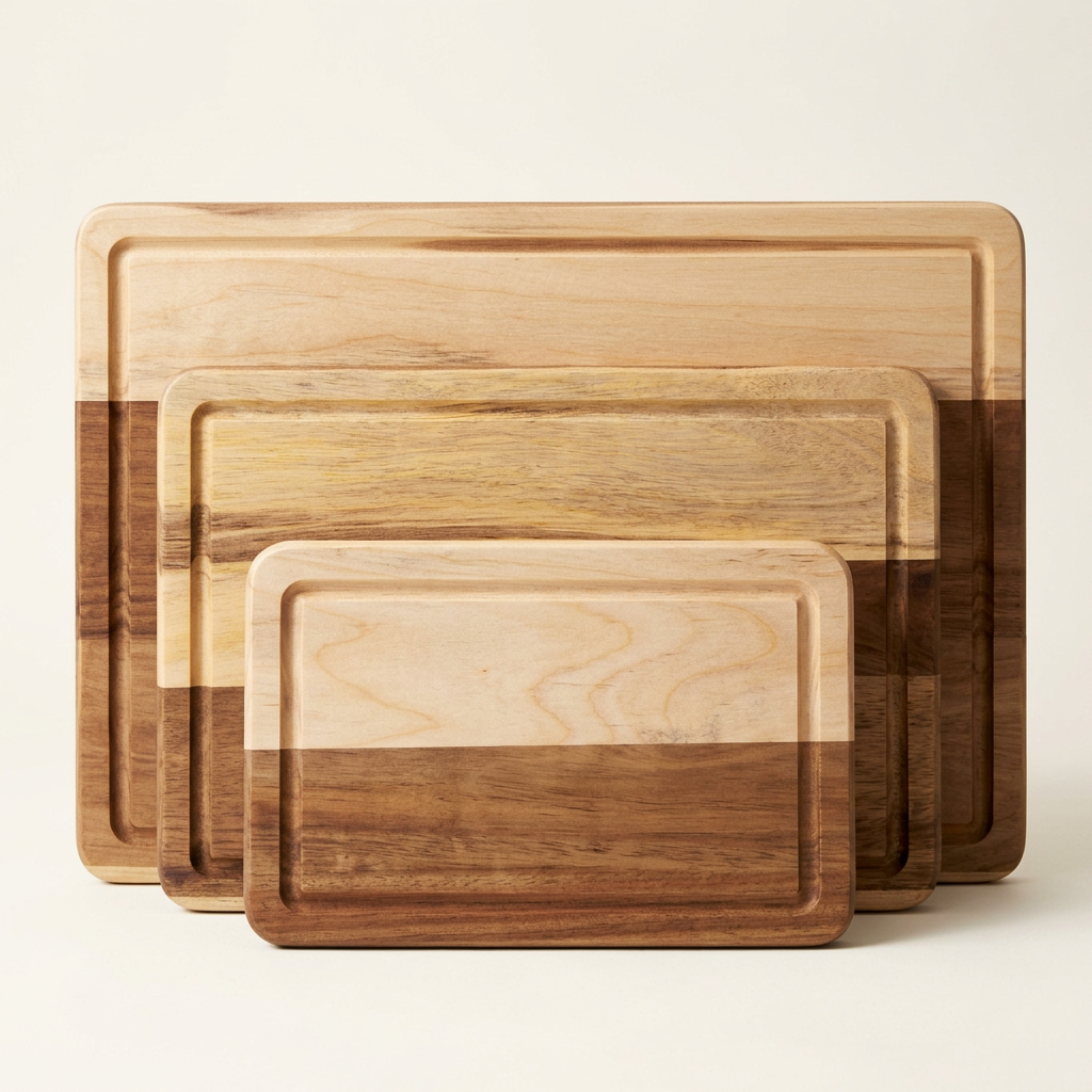 Set de 3 tablas de cortar de madera bicolor con ranura perimetral