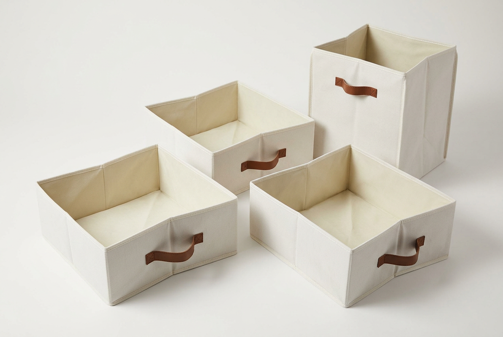 Set de organizadores de tela color marfil con asas marrones para mantener tus espacios ordenados