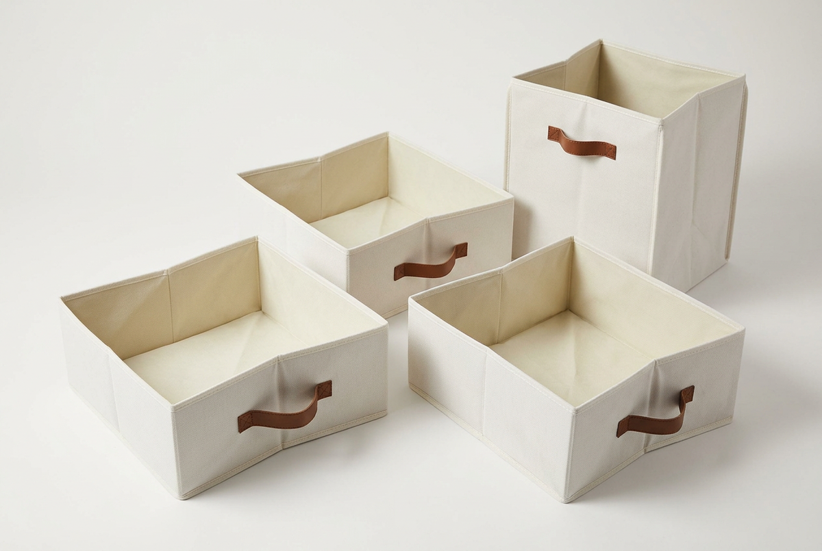 Set de organizadores de tela color marfil con asas marrones para mantener tus espacios ordenados