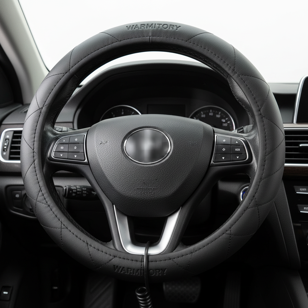 Heated Steering Wheel Cover - WARMITORY Luxury Steering Wheel Heater, 12V Quick Hand Warmer, 14.5-15 inches Outer Diameter for Standard-Size Car Steering Wheels, Black (Leatheret PU)