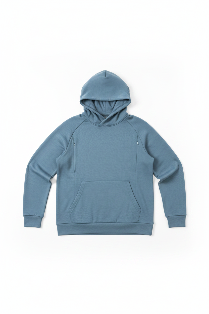 Hoodie azul flat lay - zippers correctamente ubicados en pecho