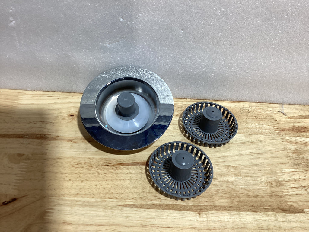 Colador y tapón de drenaje de fregadero de cocina 3 en 1 con cuerpo de latón macizo, montaje de enchufe desplegable resistente con 2 cestas, reemplazo antiobstrucciones para desagües estándar de 3-1/2 pulgadas, plateado inoxidable