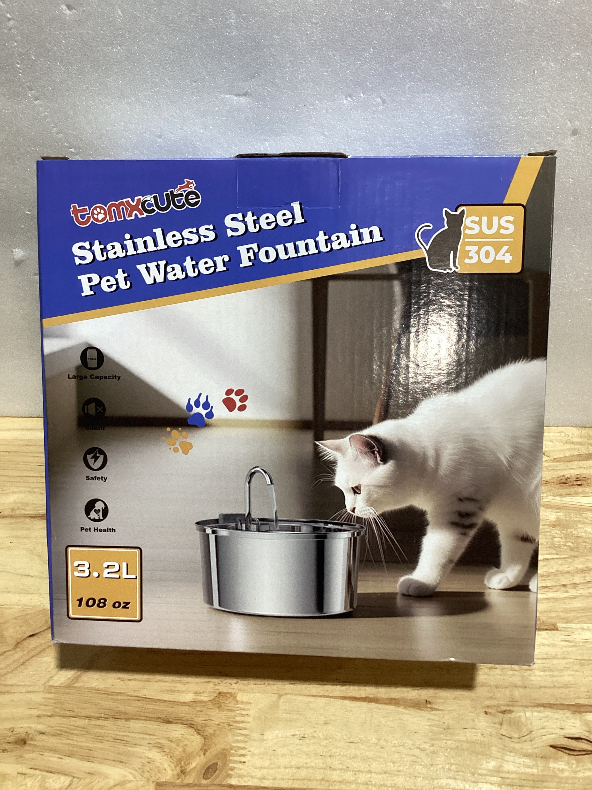 Fuente de agua para gatos Tomxcute, dispensador automático de agua para mascotas de acero inoxidable de 3,2 L/108 oz, bomba ultrasilenciosa y 3 filtros de repuesto para gatos, perros y otras mascotas.