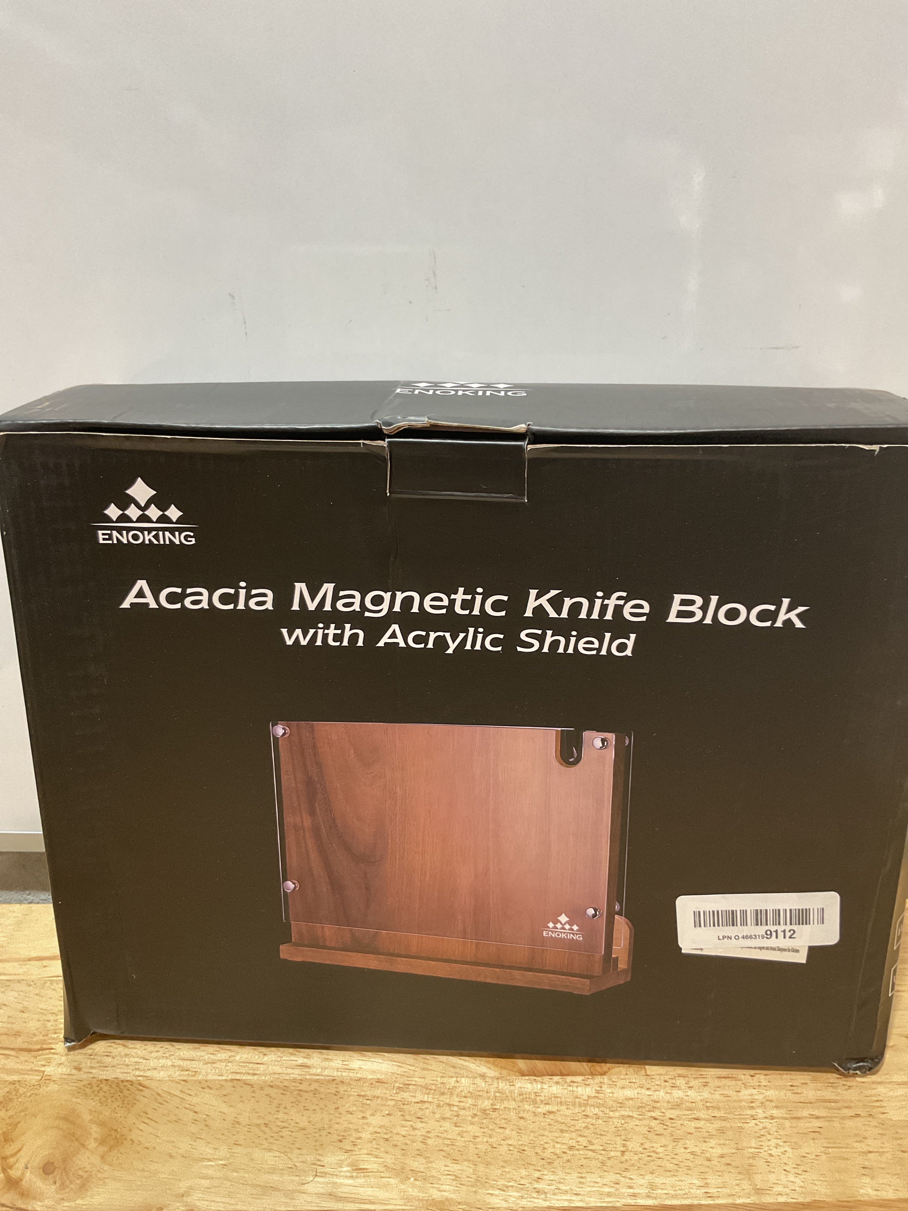 Bloque Magnético para Cuchillos Doble Cara | Madera Acacia + Afilador + Escudo Acrílico | 31x24cm