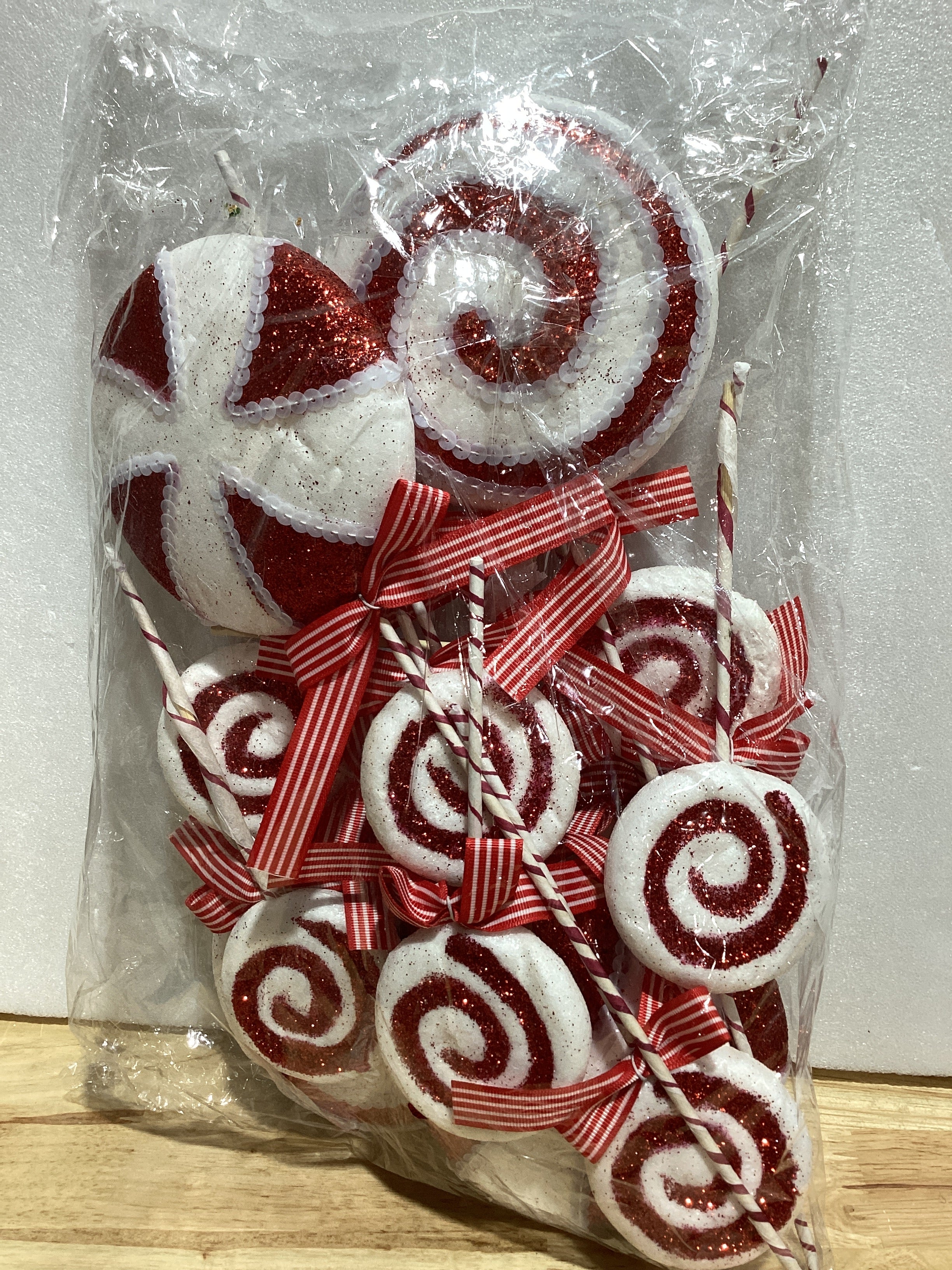 Wettarn – 12 Adornos Navideños Candy Picks con Listones y Brillo | Rojo, 5.9" y 14.5"