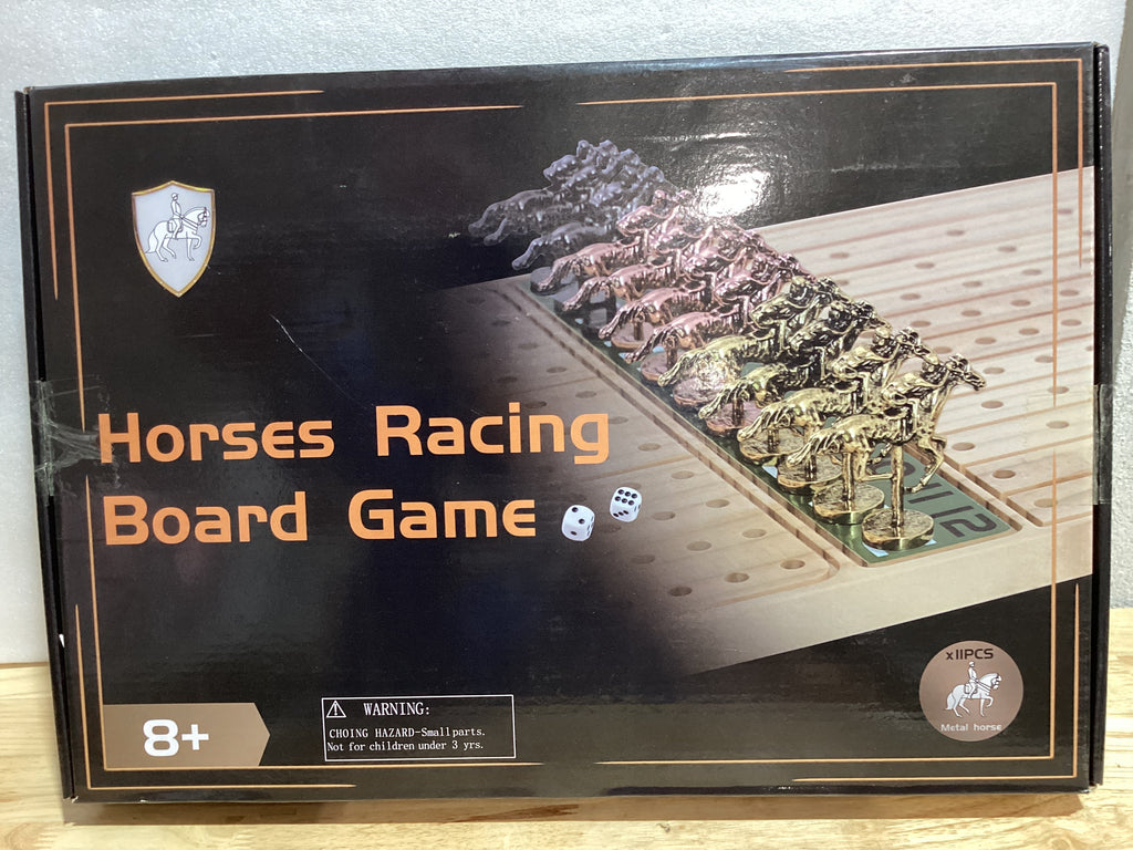 Juego de Mesa Carrera de Caballos Jyquorp — Madera Sólida Nogal, 11 Caballos de Metal, 2 Dados y Cartas | Rectangular