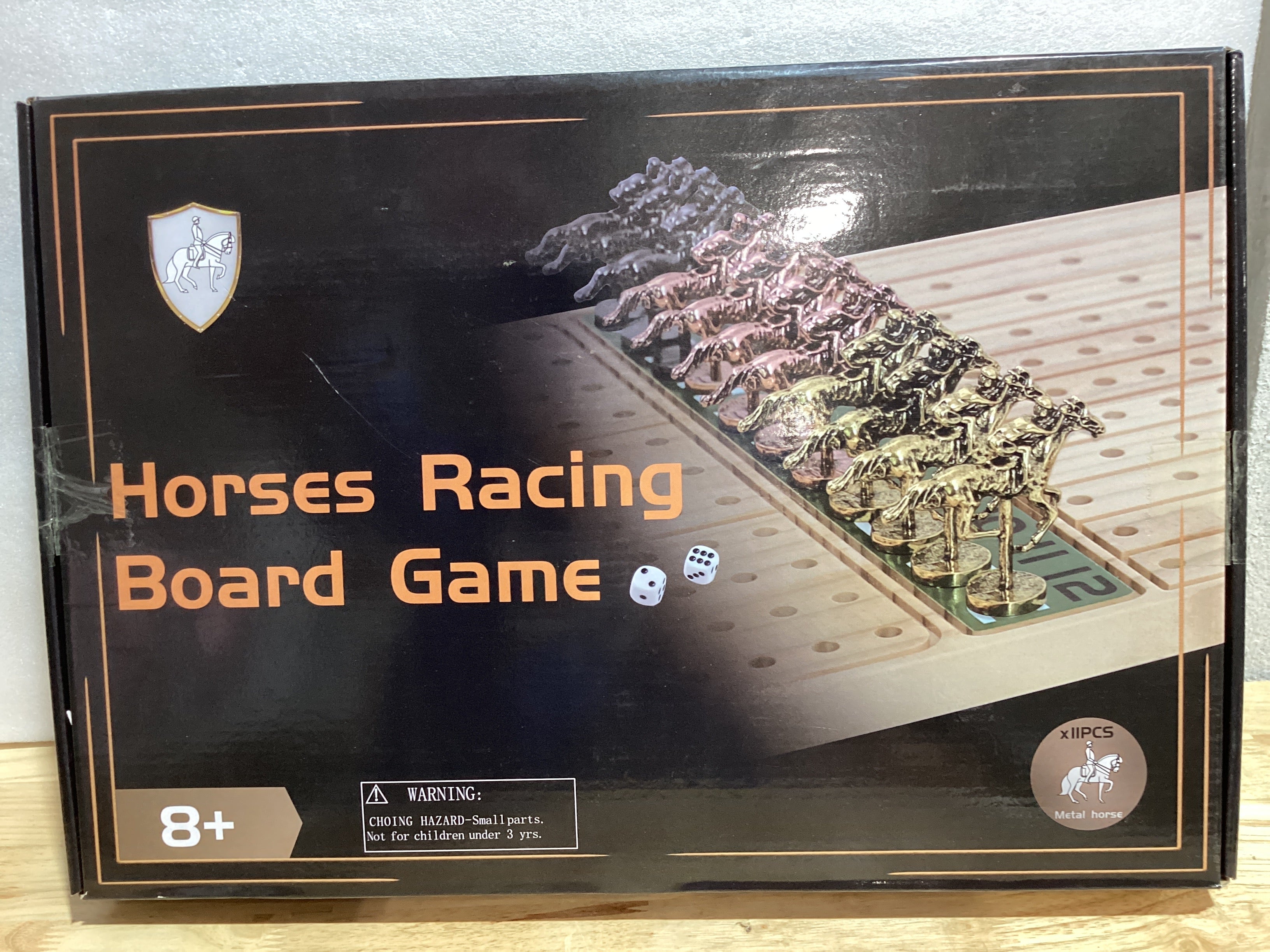 Juego de Mesa Carrera de Caballos Jyquorp — Madera Sólida Nogal, 11 Caballos de Metal, 2 Dados y Cartas | Rectangular