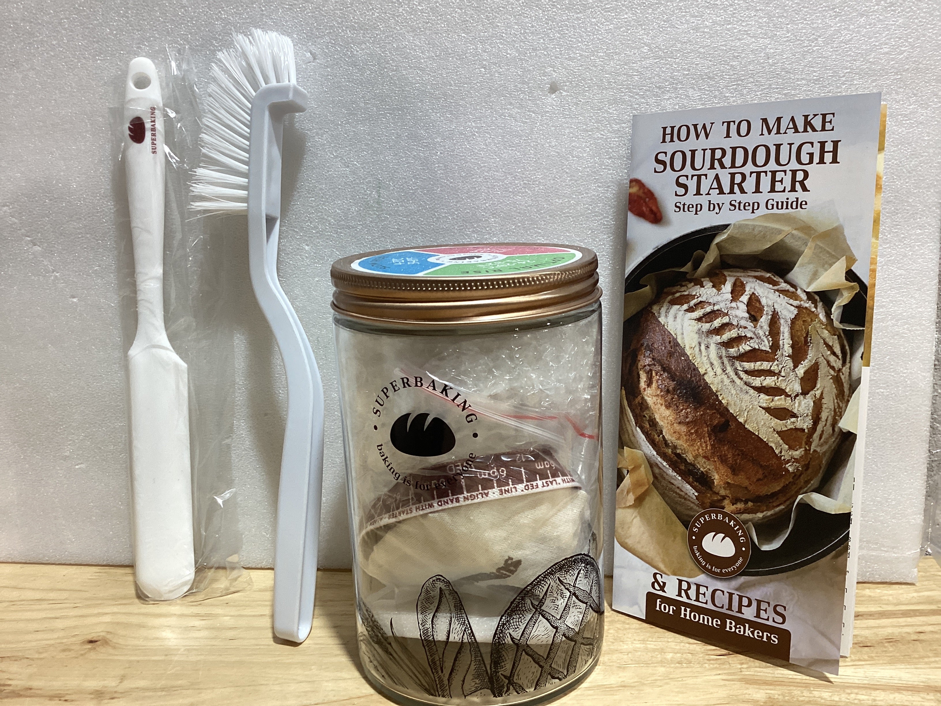 Tarro de masa madre Superbaking para principiantes con tarro de vidrio de boca ancha de 967 ml (34 oz), recipiente para masa madre con guía y recetas, regalo para hornear masa madre, olla para masa madre