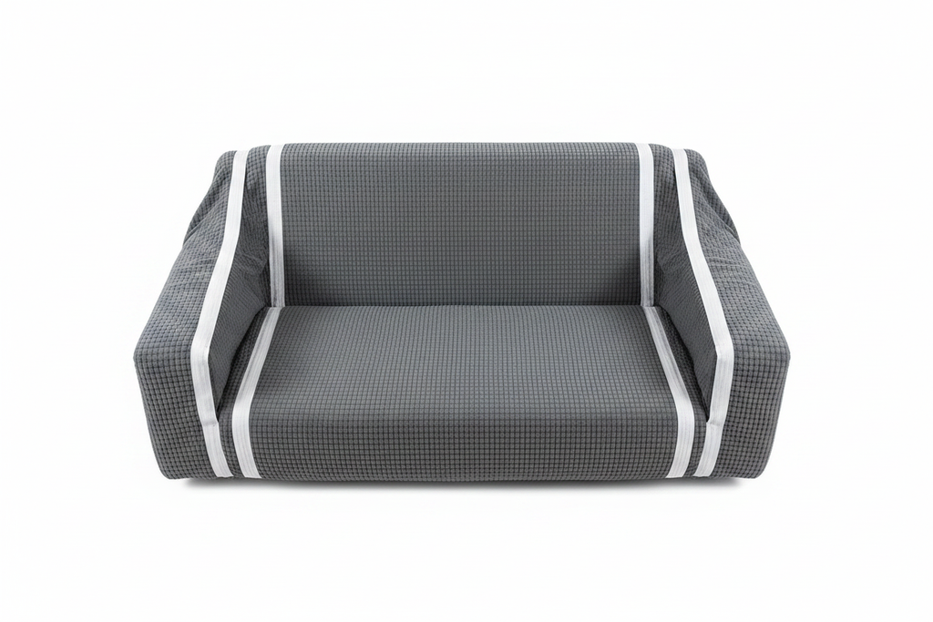Set de 3 fundas para asiento de sofá color gris sobre fondo blanco