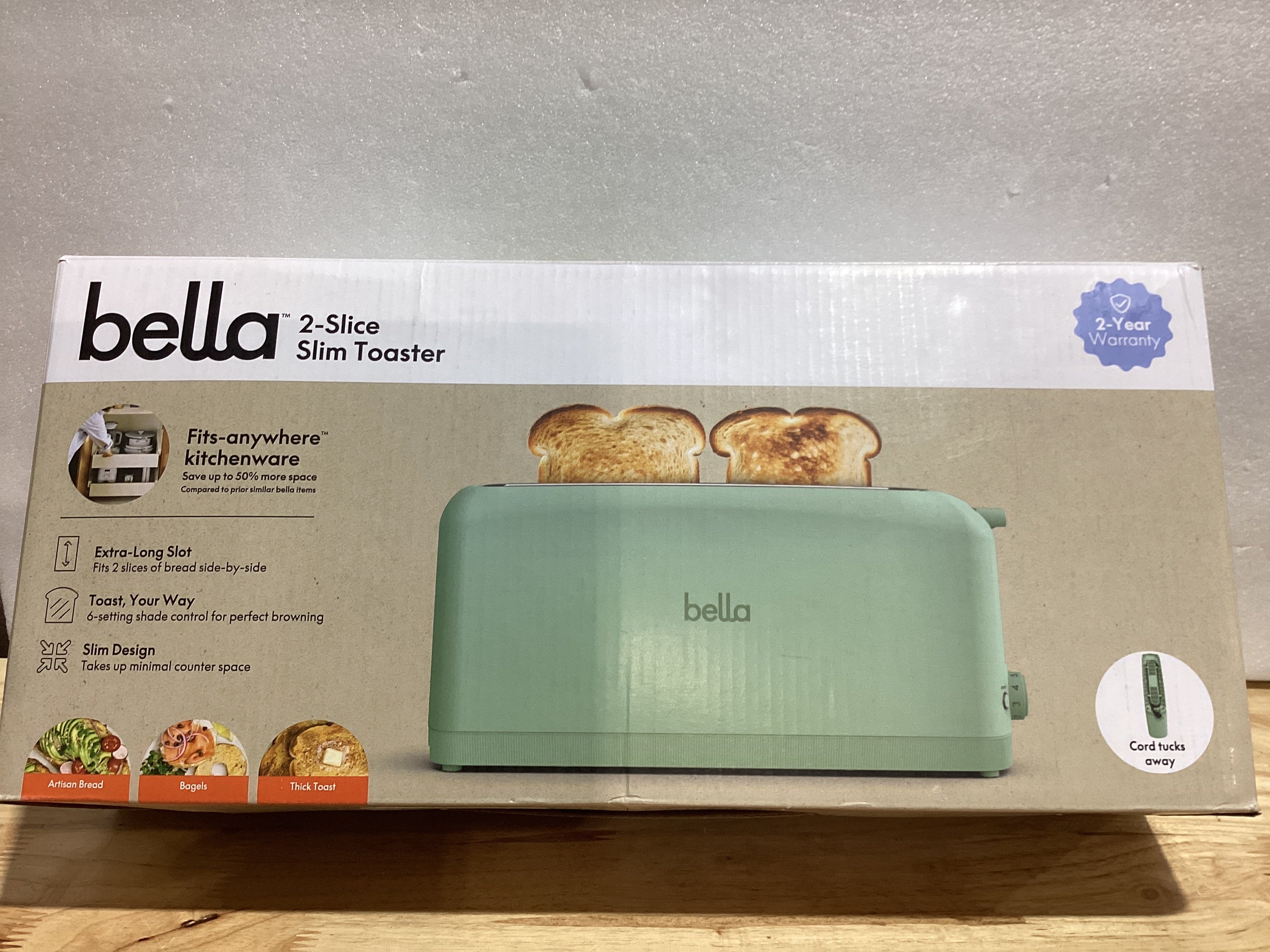 bella – Tostadora Slim 2 Rebanadas | 6 Niveles de Tostado | Ranura Larga 10" | Recalentar y Cancelar | Apagado Automático | 900W | Color Seaglass