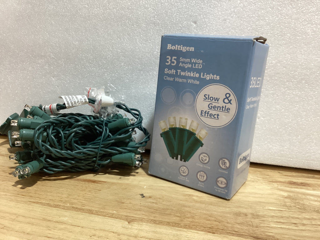Boltigen - Tiras de luces navideñas suaves parpadeantes, 35 luces LED claras de color blanco cálido, mini tiras de luces, 5mm de ancho de ángulo, brillo lento, certificación UL, 3 metros, enchufables