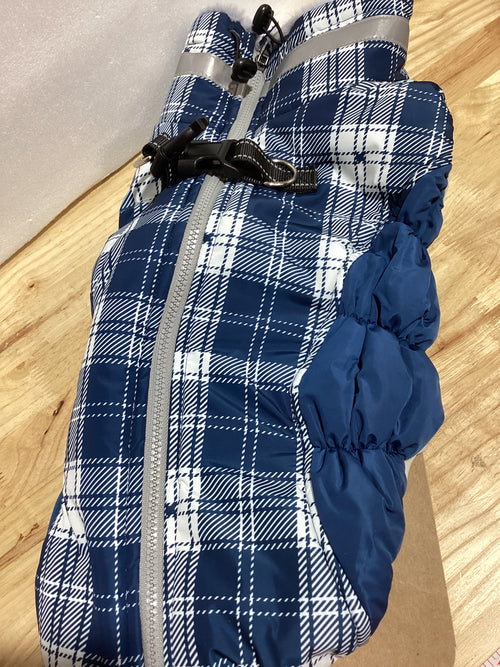 Abrigo Impermeable FUAMEY para Perros Grandes Talla L — Chaleco Reflectivo con Arnes, Forro Polar, Cuadros Azules