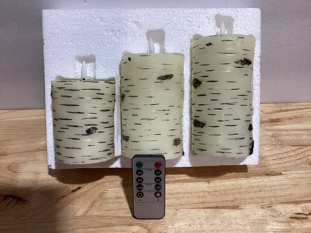Velas Decorativas sin Llama Eywamage – Set de 3, Efecto Corteza de Abedul, LED Parpadeante con Control Remoto, a Batería