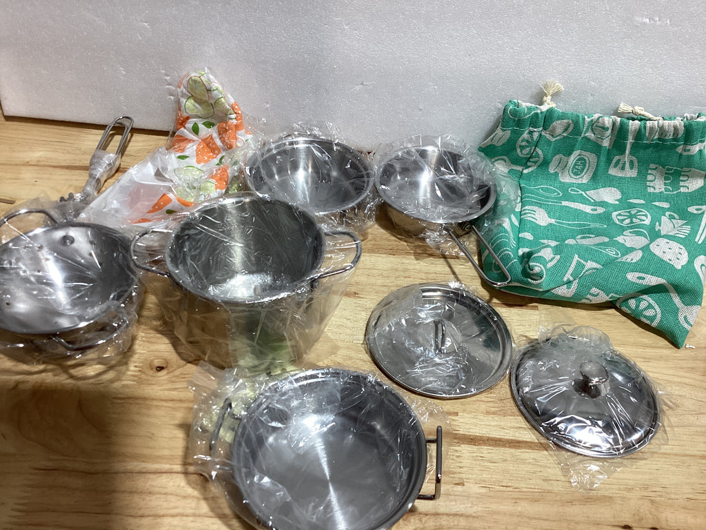 Juego de ollas y sartenes de juguete para niños, juego de cocina de simulación, mini utensilios de cocina de acero inoxidable, juguetes de desarrollo para niños pequeños y niños a partir de 3 años
