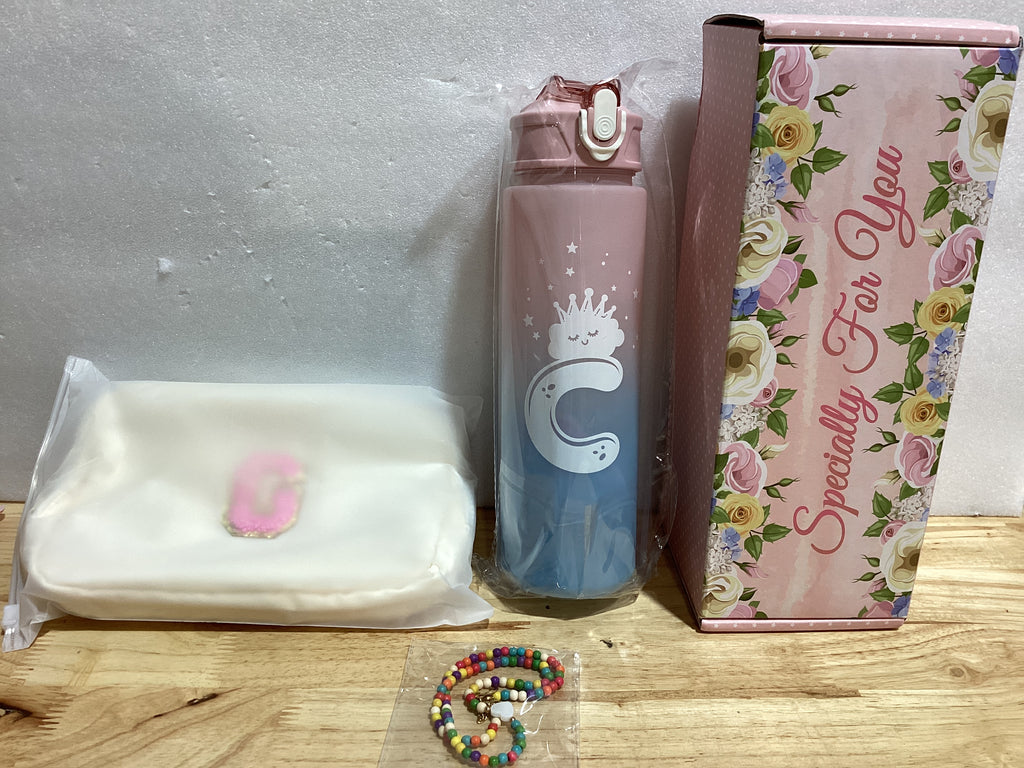 Set Botella con Bolso y Accesorios Inicial Letra C | Regalo Personalizado para Mujer