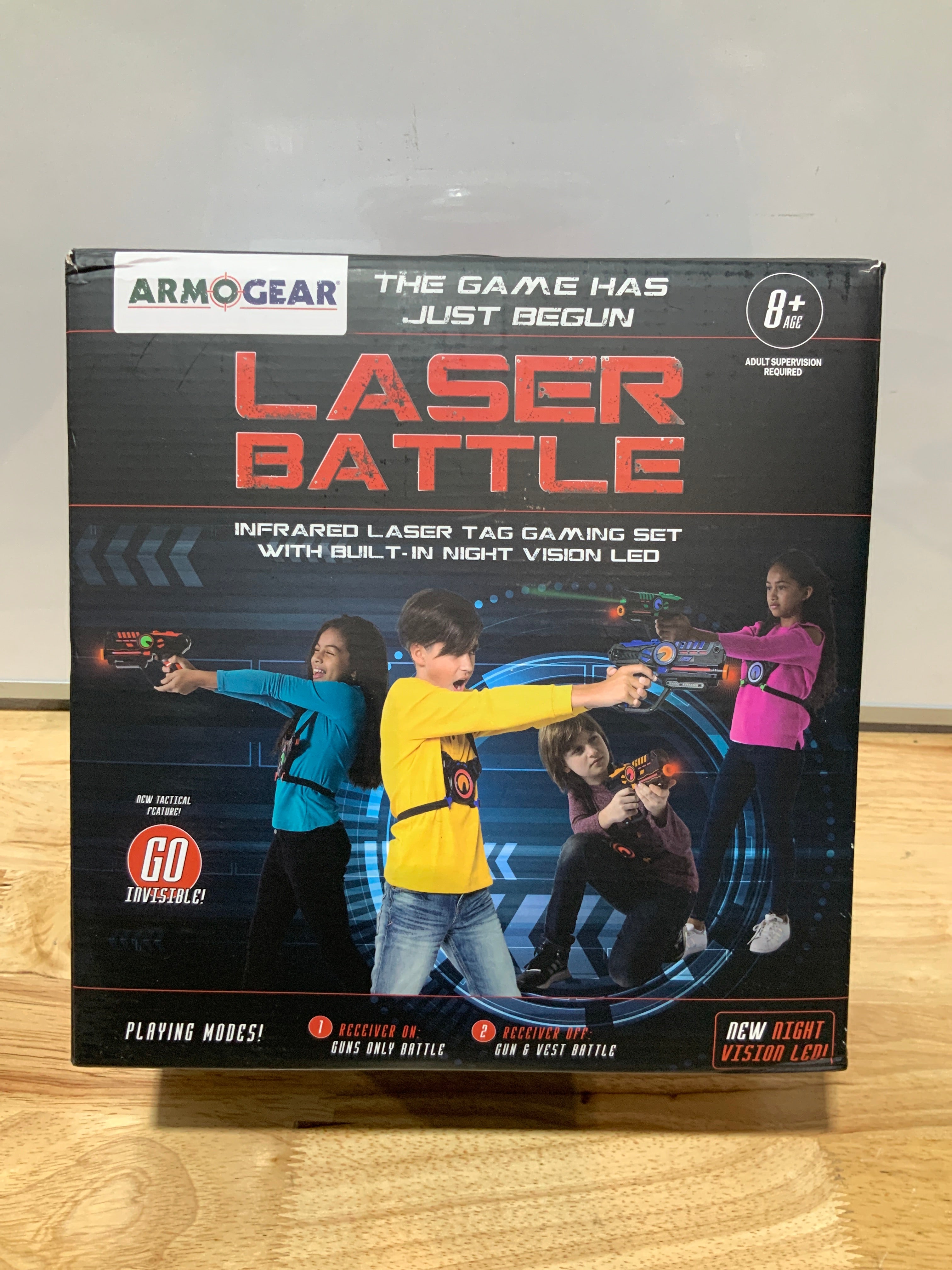 ArmoGear Set of 4 Laser Tag Guns with Vests - Laser Tag Set for Kids and Adults - Toy Guns with 150 ft Range, Night Vision, Invisibility Mode - Battery Operated - Multiplayer Outdoor Game for Ages 8+