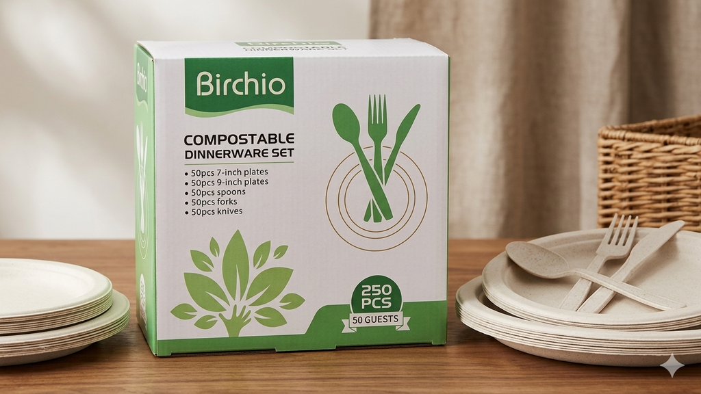 Juego de Vajilla Compostable Birchio para 50 Invitados | 250 Piezas: Platos 7" y 9", Cucharas, Tenedores y Cuchillos Desechables Ecológicos