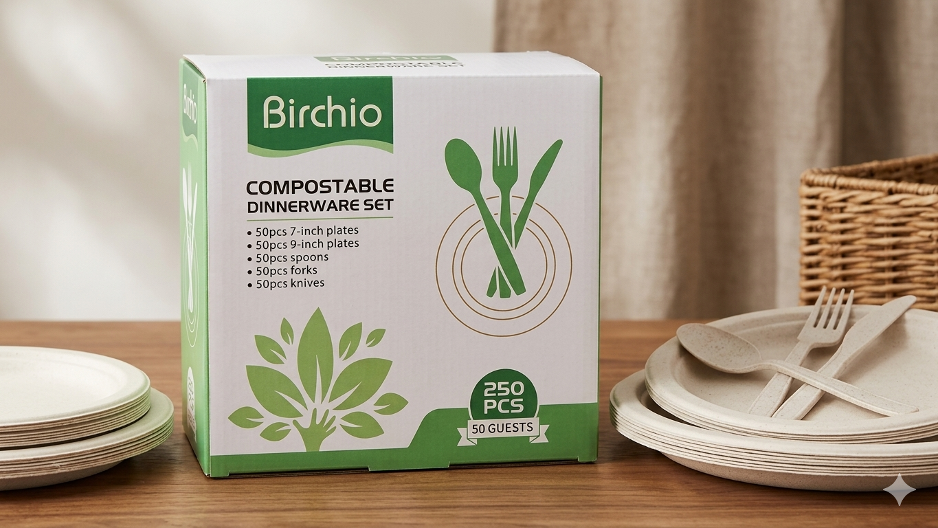Juego de Vajilla Compostable Birchio para 50 Invitados | 250 Piezas: Platos 7" y 9", Cucharas, Tenedores y Cuchillos Desechables Ecológicos