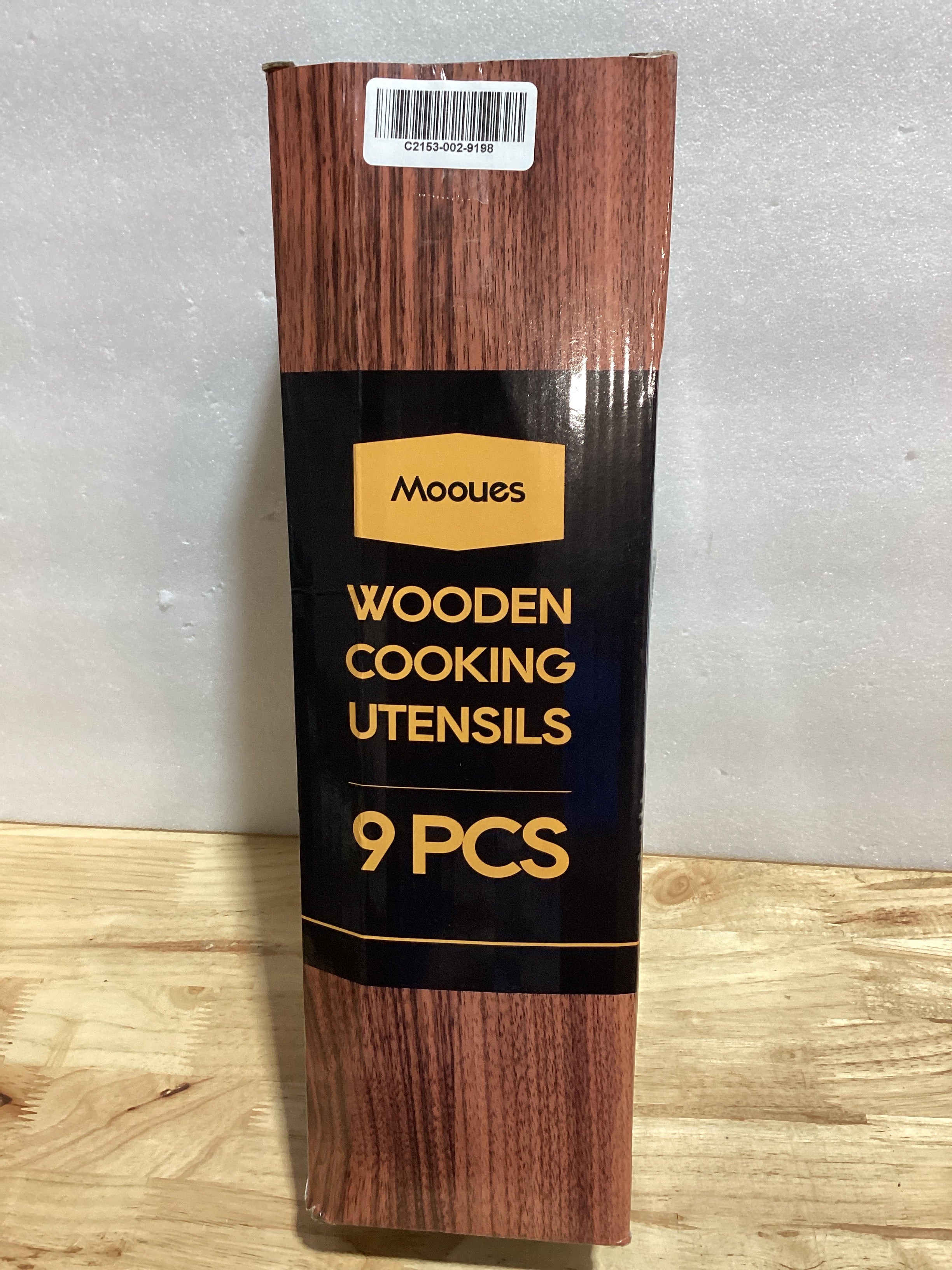 Set 9 Utensilios de Cocina Mooues de Madera de Teca Natural — Con Soporte para Cuchara, Agarre Cómodo