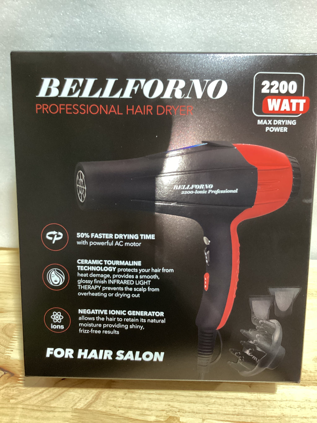 Secadora de Cabello Profesional Iónica 2200W — Motor AC Cerámico Turmalina, Silenciosa con Difusor y 2 Boquillas Concentradoras, Negro/Rojo