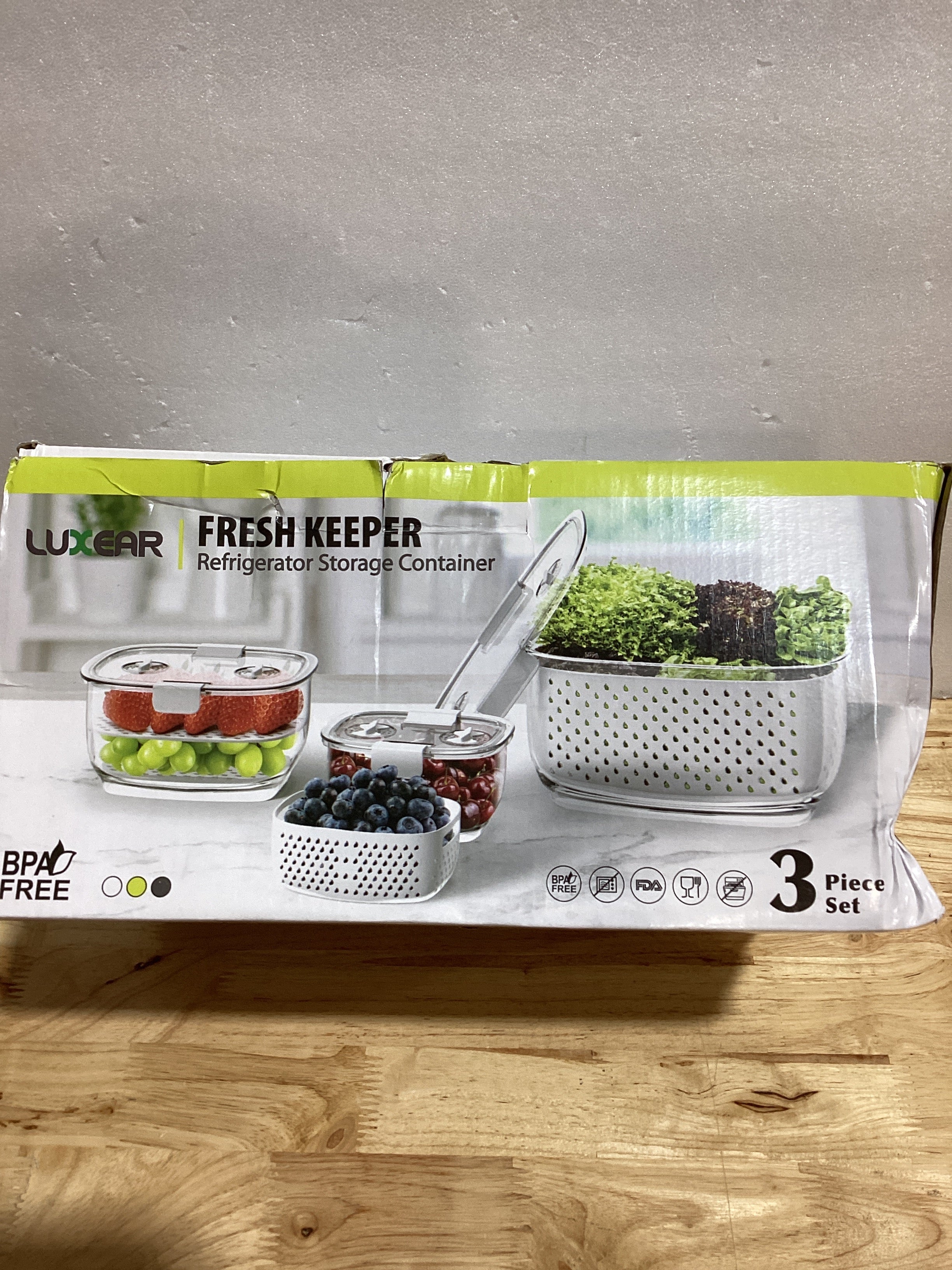 LUXEAR Recipientes de almacenamiento de frutas y verduras de productos frescos, juego de 3 piezas, sin BPA, contenedor de ensalada dividido, organizadores de refrigerador, utilizado para almacenar frutas y verduras, color blanco