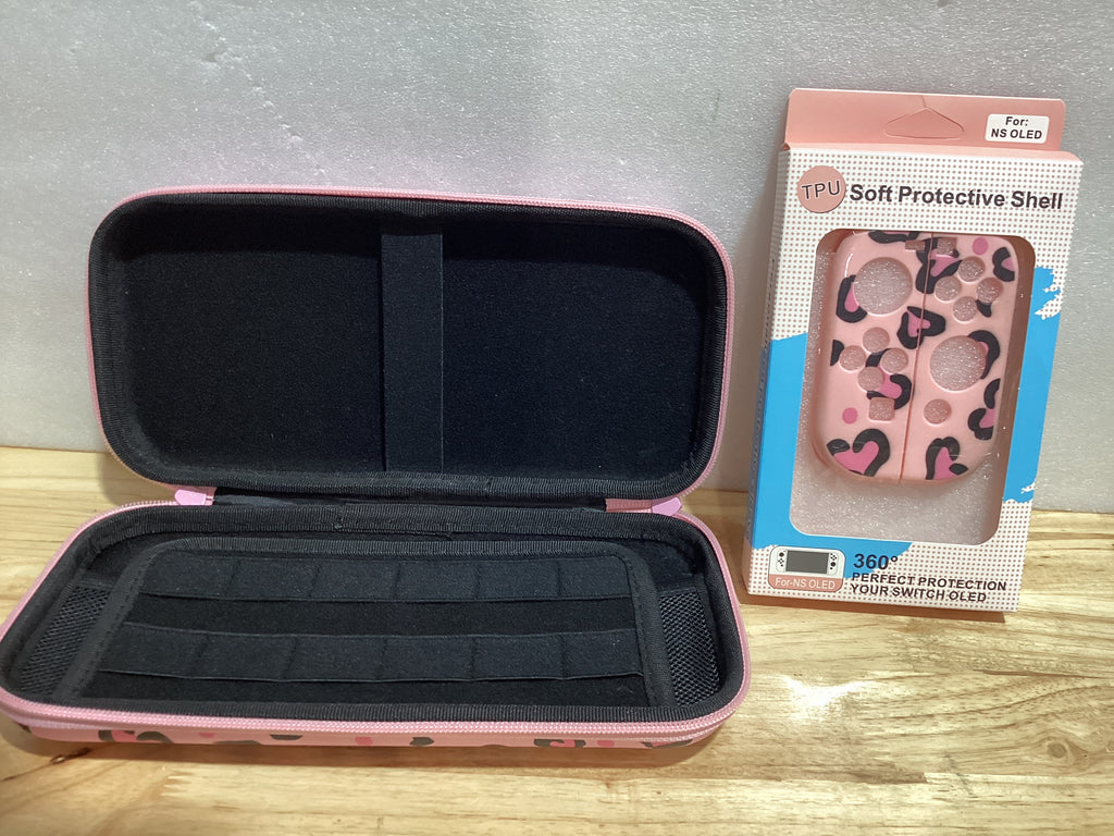 DLseego Kit Funda y Accesorios para Nintendo Switch OLED – Diseño Leopardo Rosa, Funda Silicona + 4 Grips + Colgante