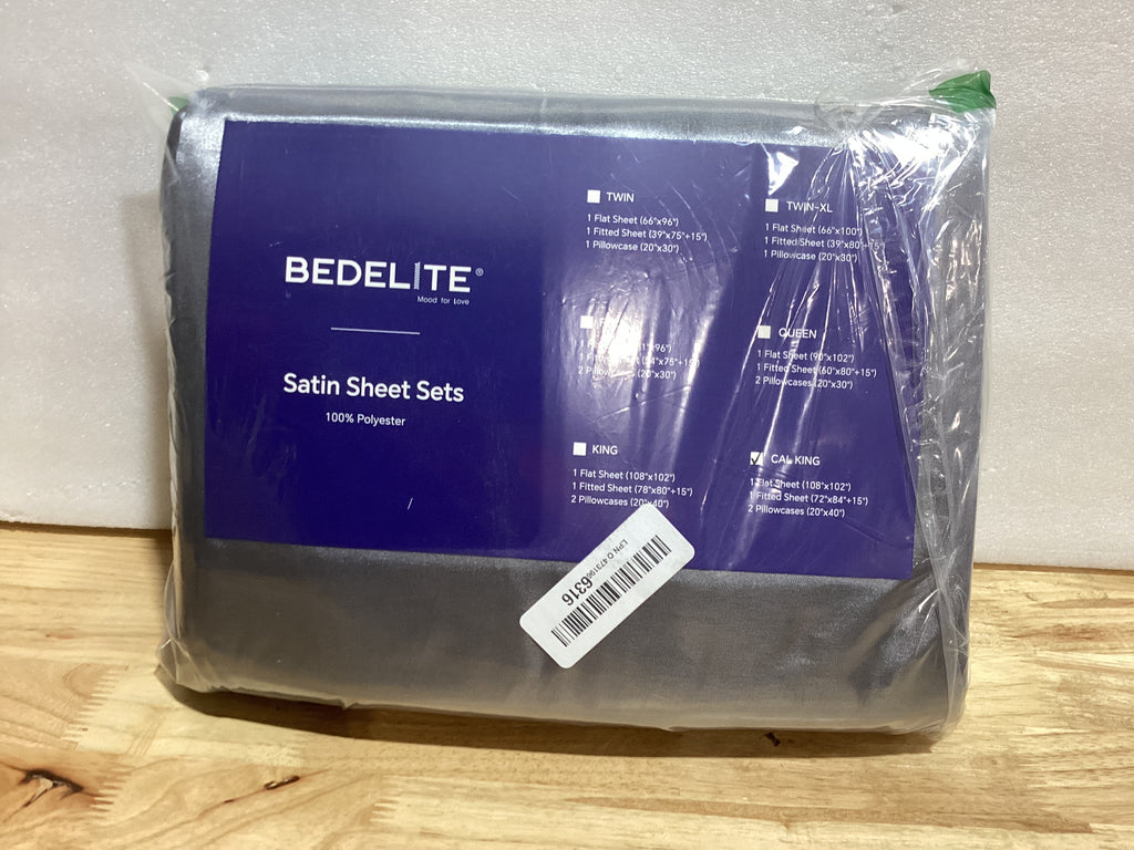 Sábanas de Satén BEDELITE California King — Set de 4 Piezas Gris Oscuro, Suaves para Cabello y Piel, Efecto Seda