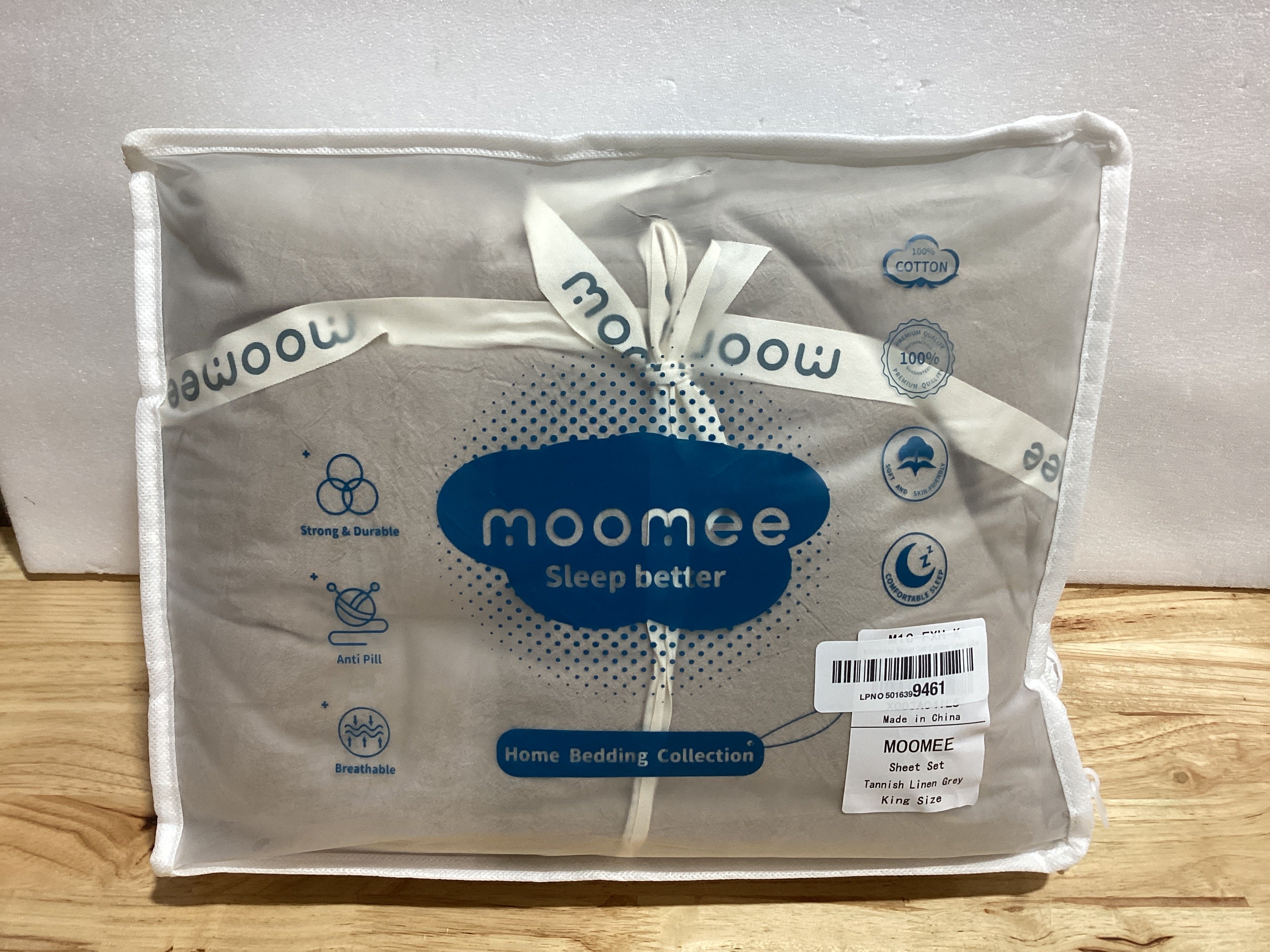 Juego de Sábanas MooMee King 100% Algodón Lavado Textura Lino – Transpirable y Suave | Gris Tostado