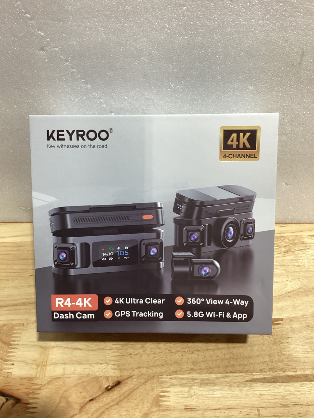 KEYROO Cámara de Auto 360° 4K 4 Canales con GPS, WiFi 5.8GHz, Modo Estacionamiento, G-Sensor y Tarjeta 128GB Incluida