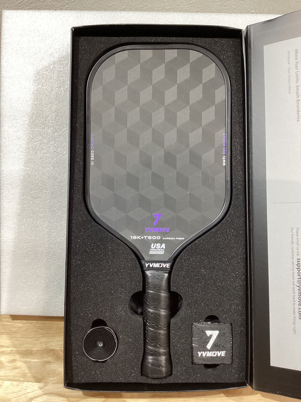 YVmove Paleta de Pickleball Fibra de Carbono 18K T800 — Núcleo V-Sonic IV 16mm, Aprobada USAPA