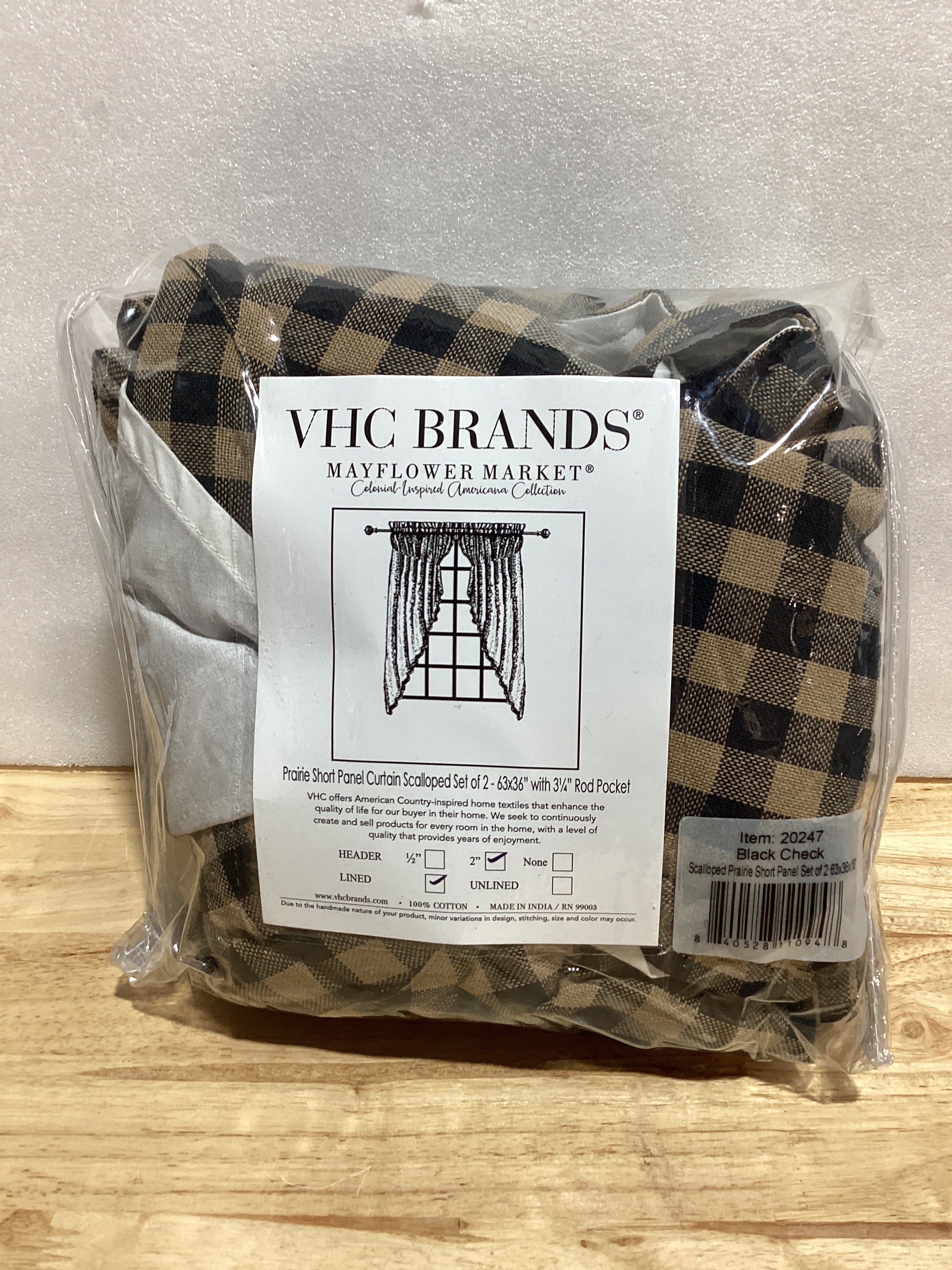 VHC Brands Panel Corto Prairie Scalloped – Set de 2 | Algodón Negro a Cuadros