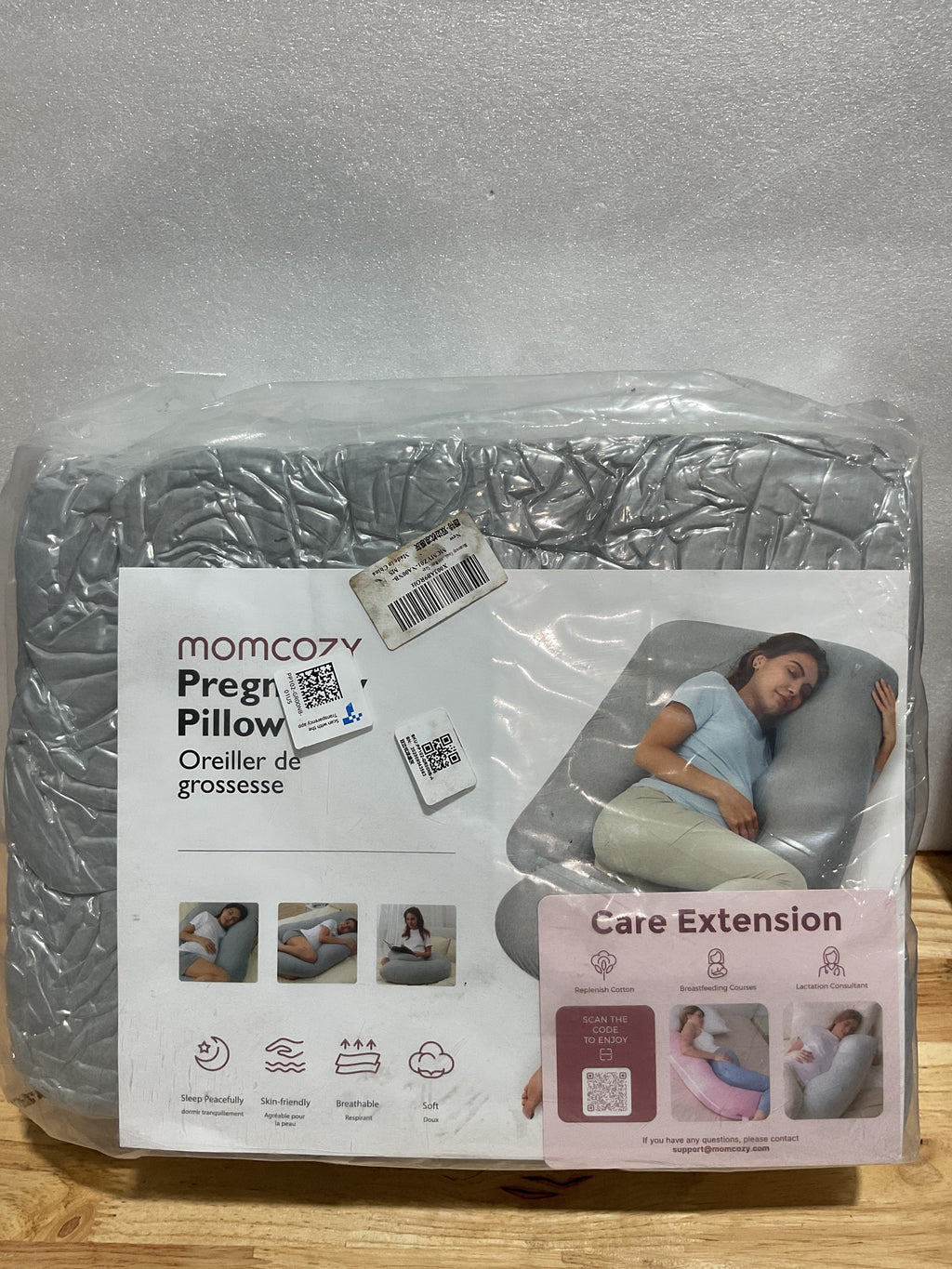 Almohada de Embarazo Momcozy en U 57" — Funda Refrescante, Soporte para Espalda, Cadera, Vientre y Piernas
